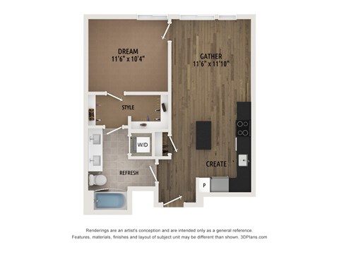 Floor plan for 1 bed, 1 bath, 676 sqft